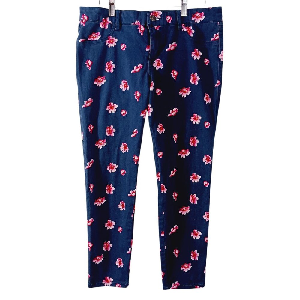 Abercrombie & Fitch Skinny Ankle Pant Jean Style, Navy W/ Pink Flowers, Size 8